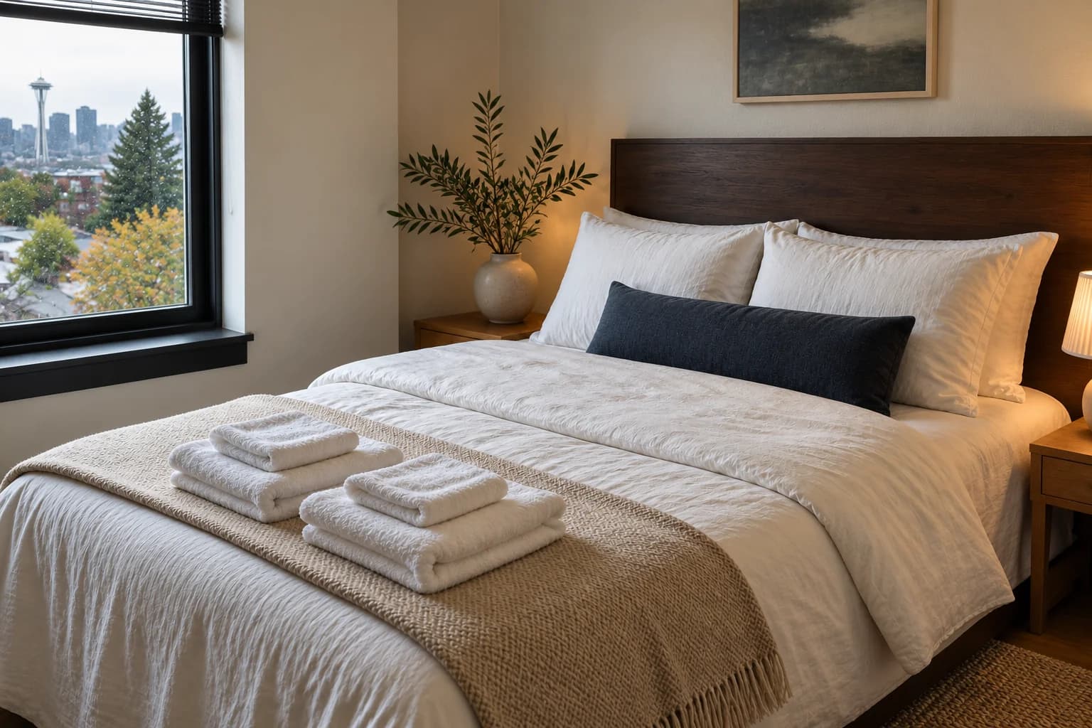 Fresh white bedding and two stacks of folded towels in a Seattle guest bedroom