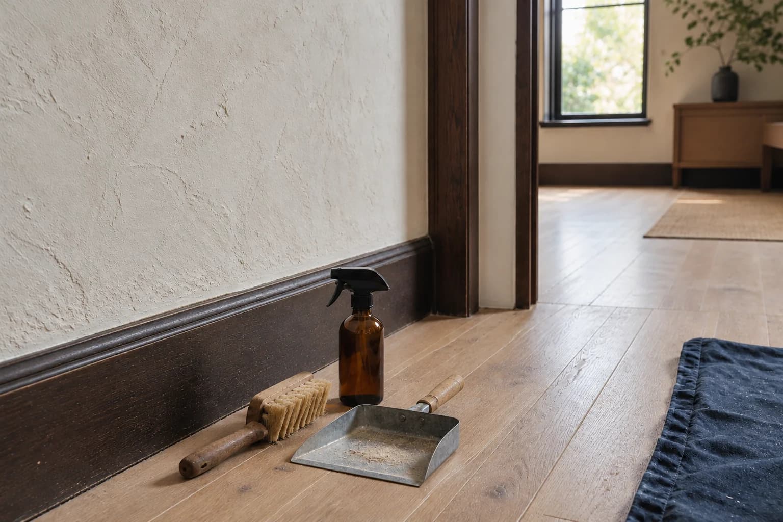 Wooden brush, dustpan, and spray bottle beside a baseboard after renovation