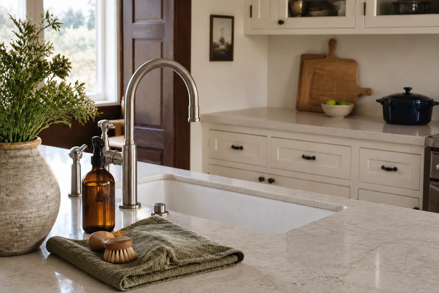 Kitchen sink with an amber spray bottle, olive cloth, and wooden cleaning brush