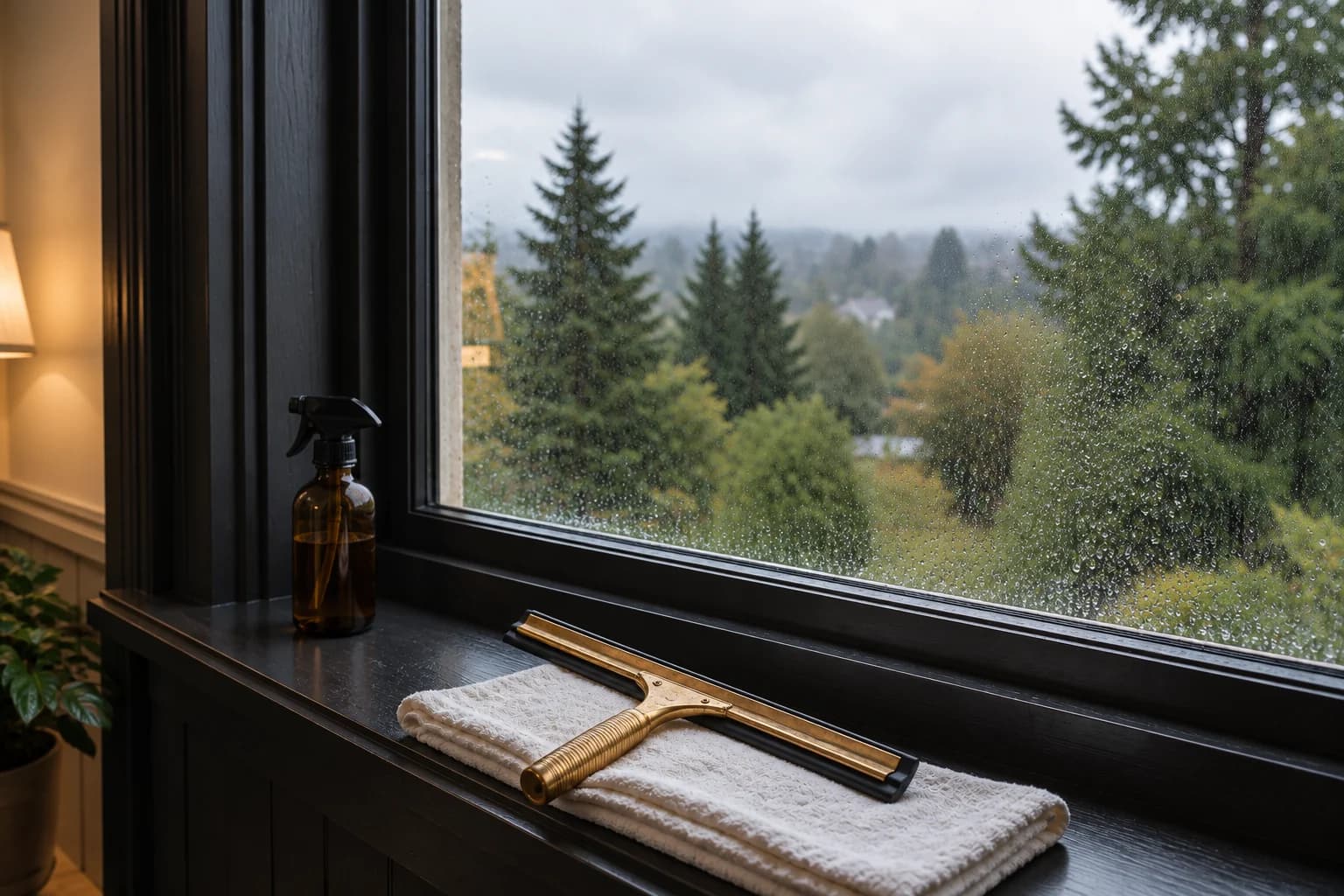 Brass squeegee, white towel, and amber spray bottle on a window sill overlooking evergreens
